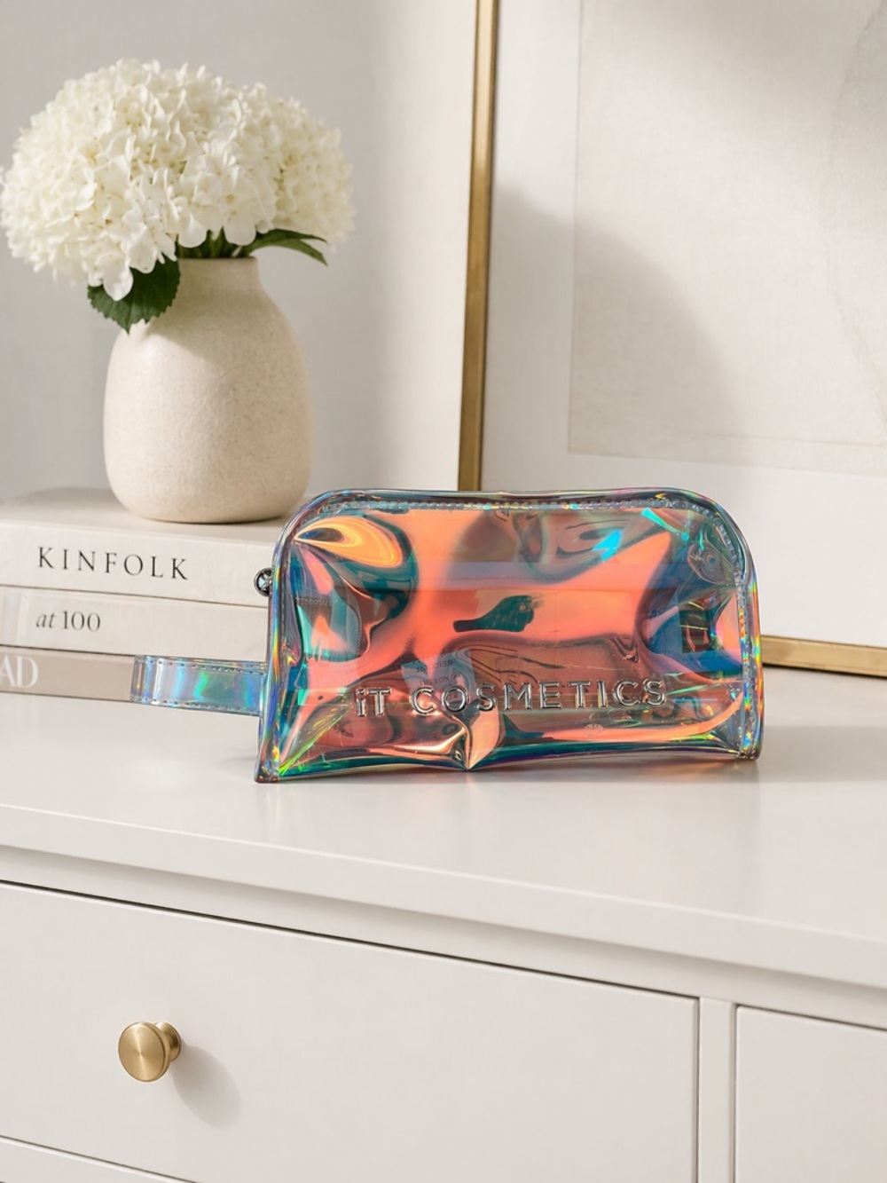 it cosmetics Holographic Cosmetic Pouch in Peach and Blue